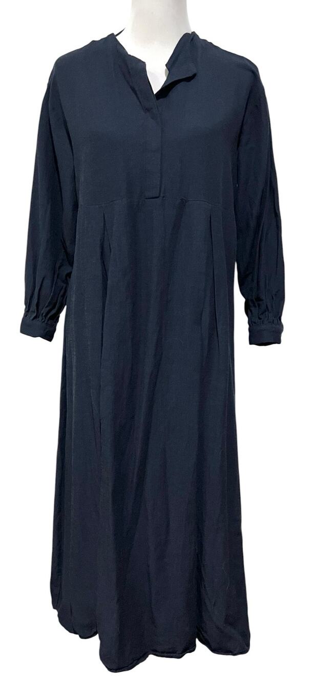 Women’s Shirt Midi Dress Kaftan Linen Blend Navy Button Front Minimalist Sz 8